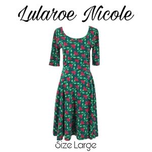 Lularoe Nicole Red and Green Floral Christmas Mistletoe Rose Print